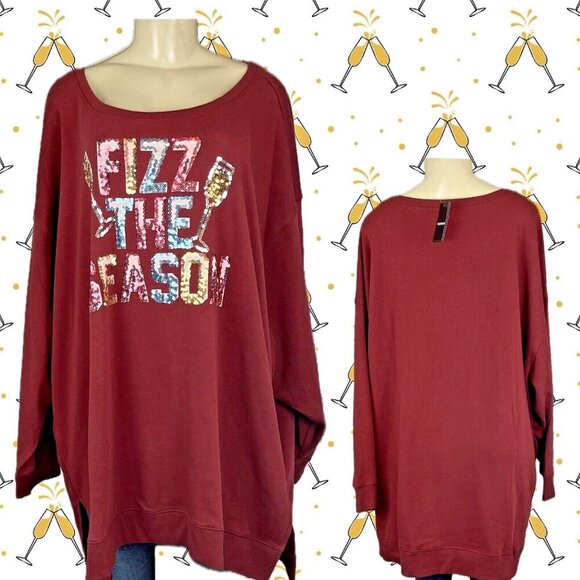 Torrid +5 Red Brick Sequin Fizz The Season Graphic Fleece Long Sleeve Sweatshirt - Picture 1 of 6
